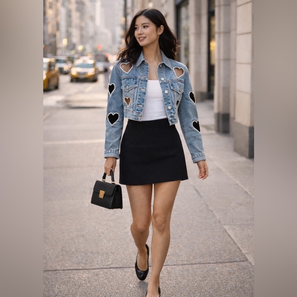 Alice + Olivia Blue Heart Cut-Out Embellished Jeff Denim Jacket NWOT - Picture 10 of 11